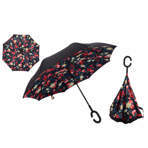 Red Floral Windproof Reverse Folding Double Layer Inverted Umbrella