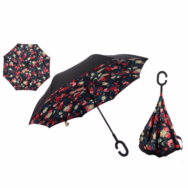 Red Floral Windproof Reverse Folding Double Layer Inverted Umbrella