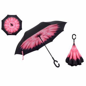 Pink Daisy Windproof Reverse Folding Double Layer Inverted Umbrella