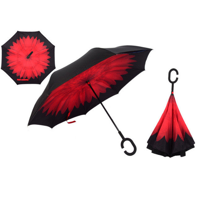 Red Daisy Windproof Reverse Folding Double Layer Inverted Umbrella