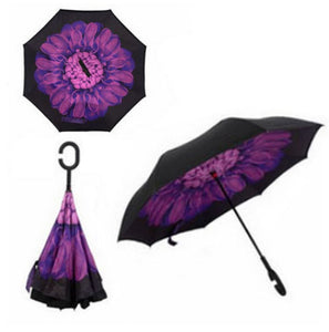 Purple Flower Windproof Reverse Folding Double Layer Inverted Umbrella